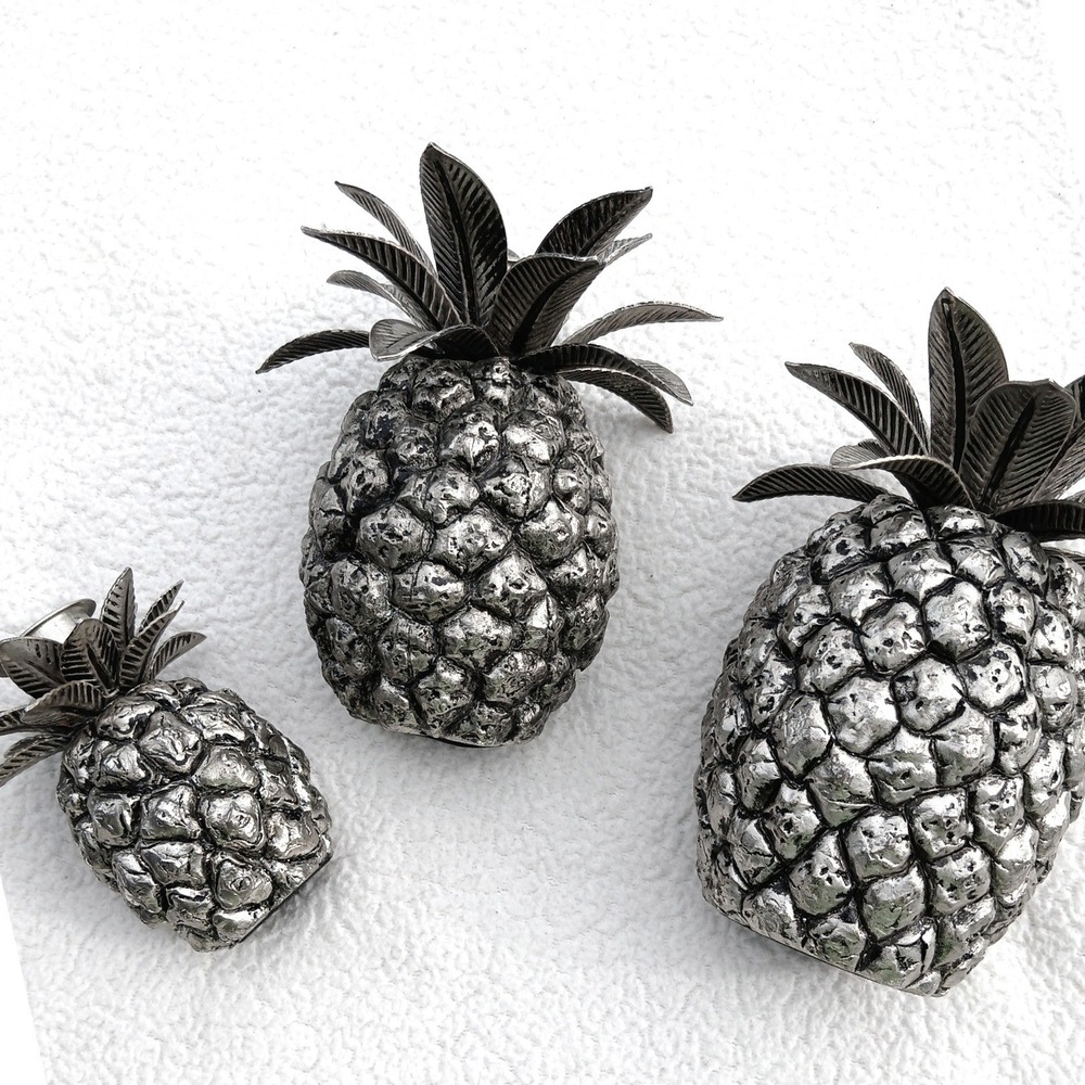 Tropoical Pineapple Candle Holder Trio Textured Heavy Silver 3pc‎ Vintage 4.5#